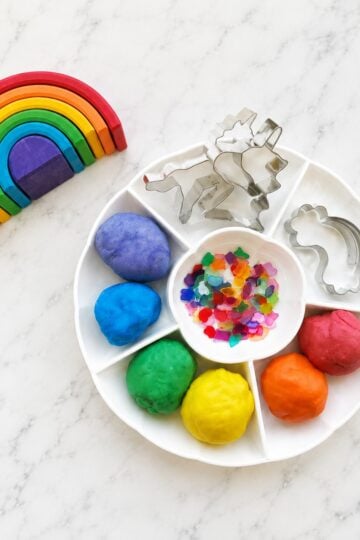 Rainbows and unicorns playdough activity for kids from the art kit blog