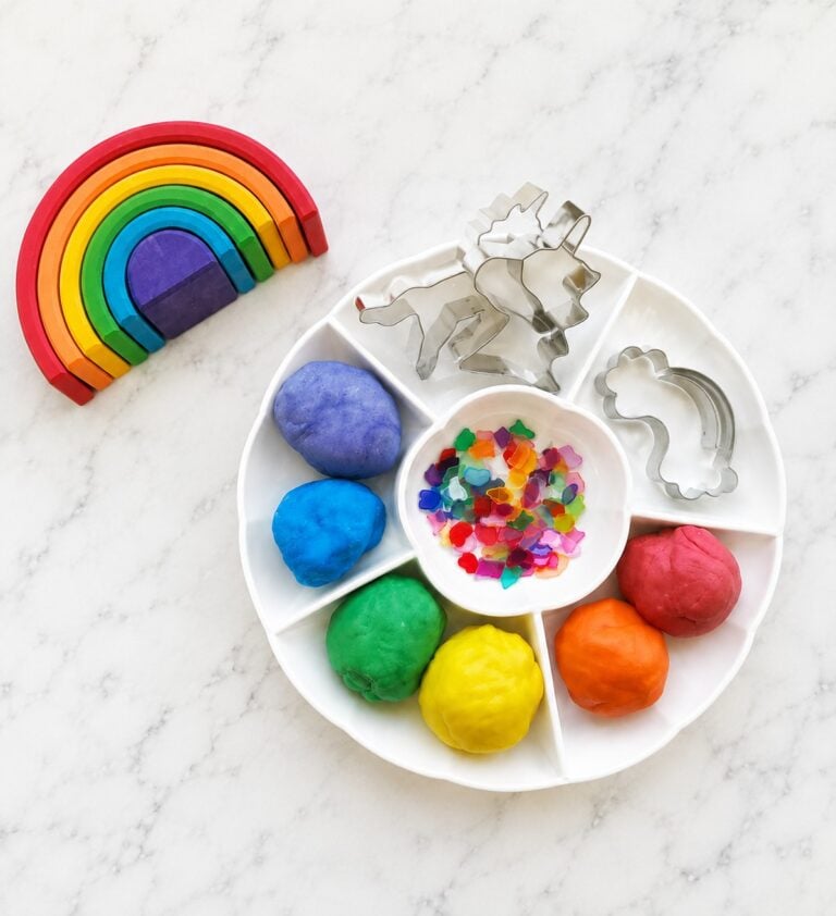 Rainbows and unicorns playdough activity for kids from the art kit blog