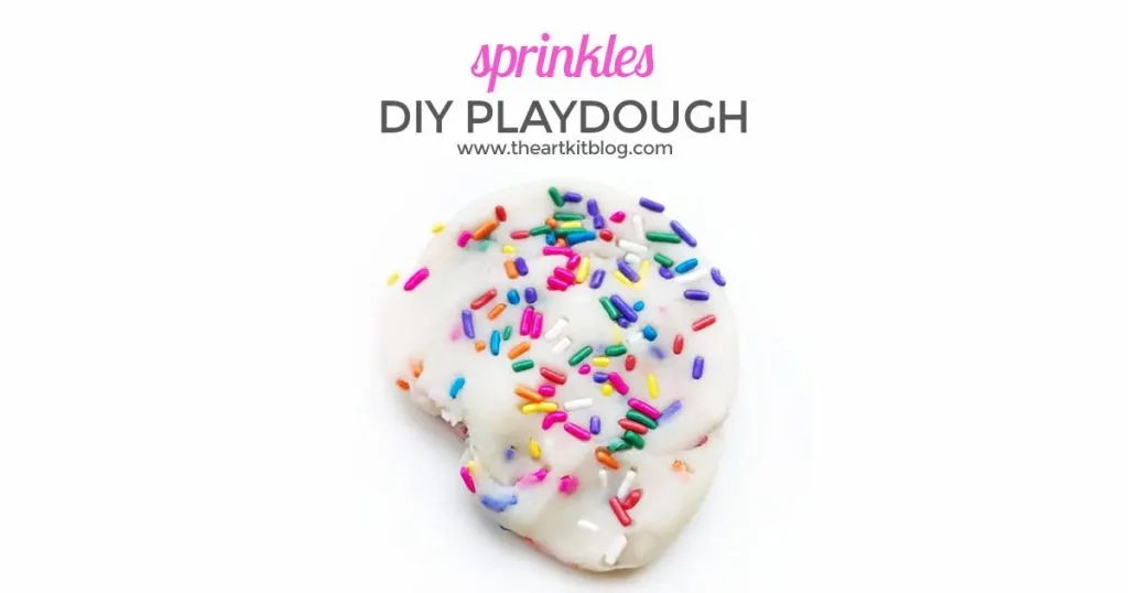 Homemade Playdough with Sprinkles. There is just something about sprinkles that makes a person smile. In fact, it just might be impossible to even look at sprinkles and not instantly feel happier. Sprinkles are synonymous with birthday parties and happy celebrations, and our sprinkle playdough fits the bill. No doubt our homemade playdough recipe with sprinkle mix-ins would make for the perfect birthday party activity or party favor but why wait for a party to enjoy sprinkles? We say celebrate today and what better way than with sprinkle playdough. So, without further ado, please read on for our easy, one-pot playdough recipe and all the delicious pictures of this celebratory playdough invitation to play.