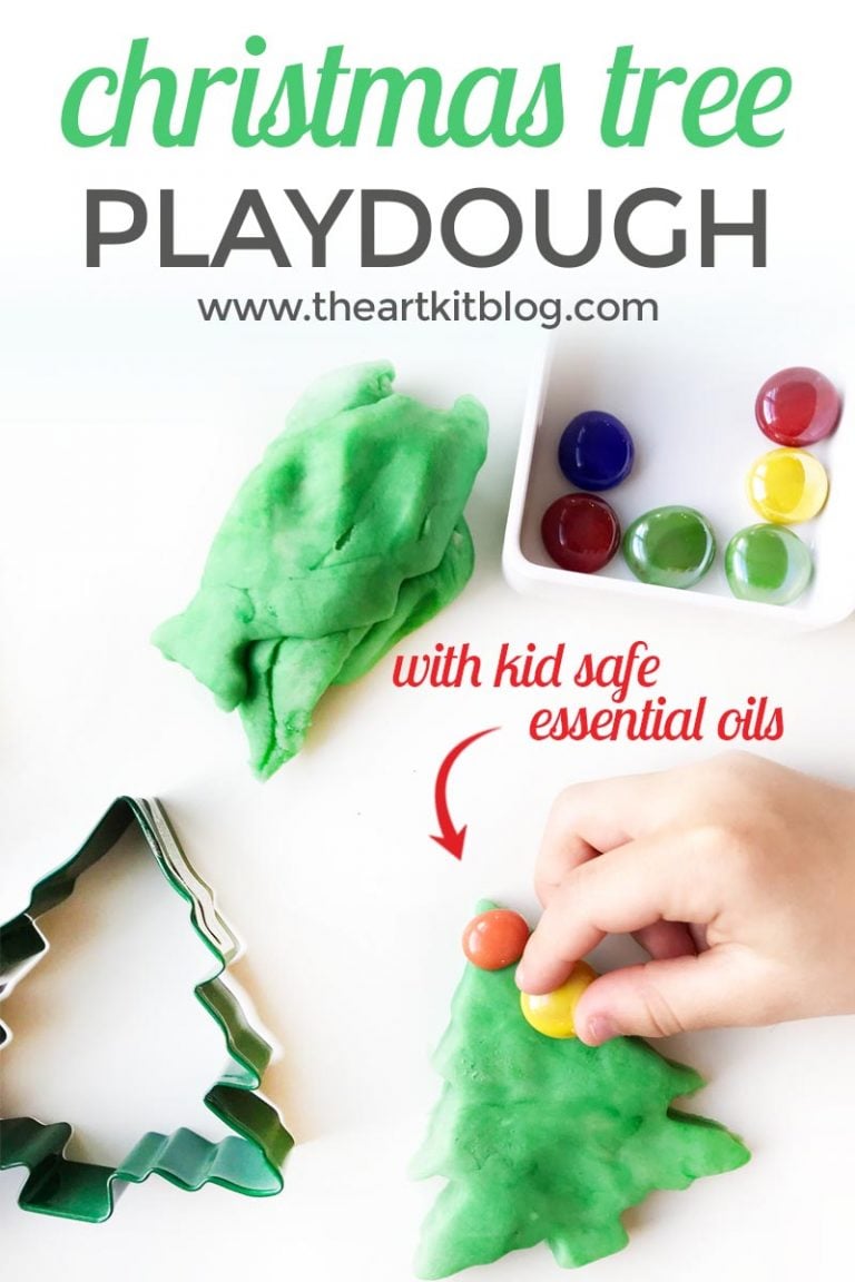 Christmas tree playdough recipe and activity for kids by the art kit blog with kid safe essential oils by plant therapy