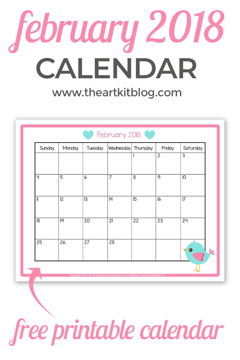 Free Printable Calendar Great For Kids February 2018