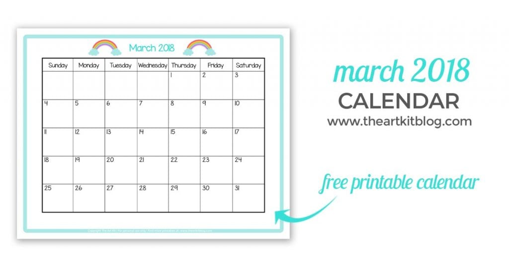 free PRINTABLE CALENDAR kids march 2018