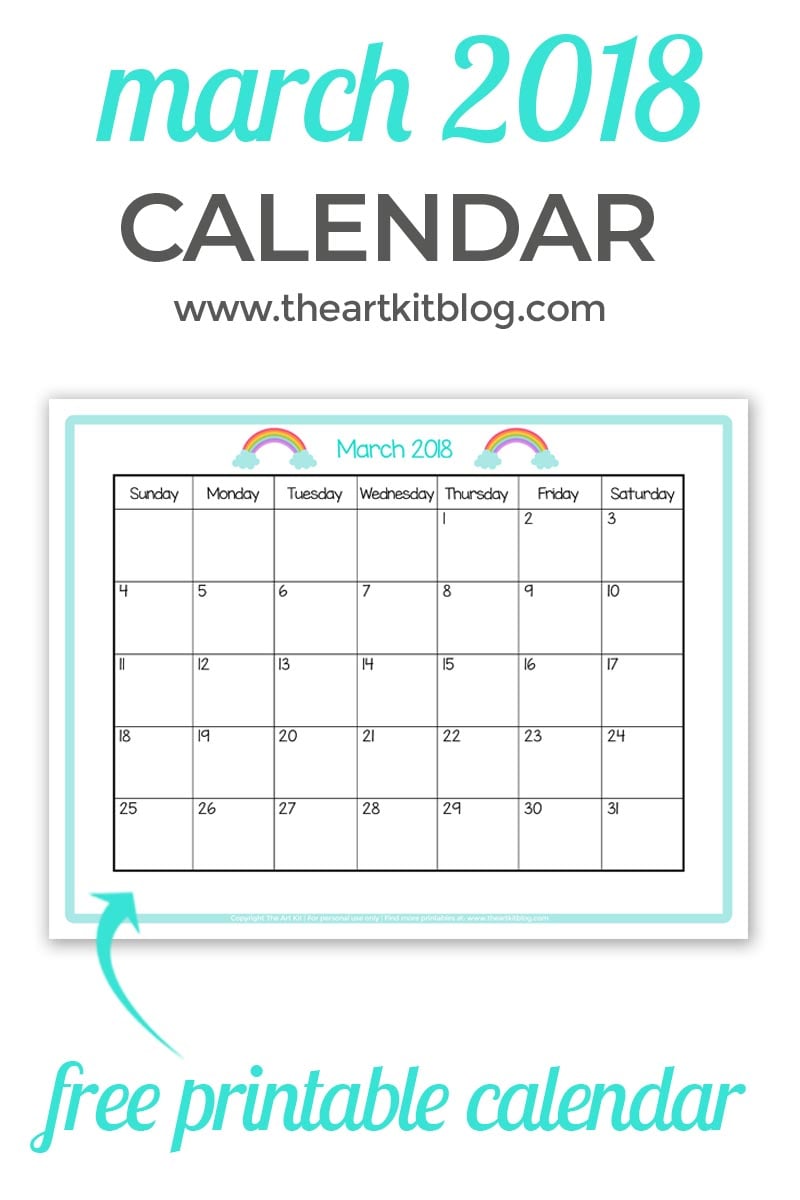 free printable calendar great for kids march 2018 the art kit