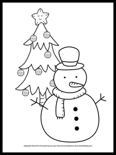 freebie cute snowman with christmas tree coloring page