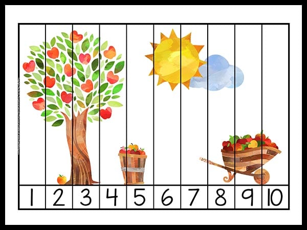 fall apples number counting puzzle strips printable download