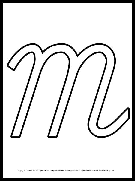 UPPERCASE letter M cursive outline coloring page printable