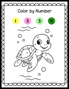 color by number turtle coloring page free printable worksheet for kids