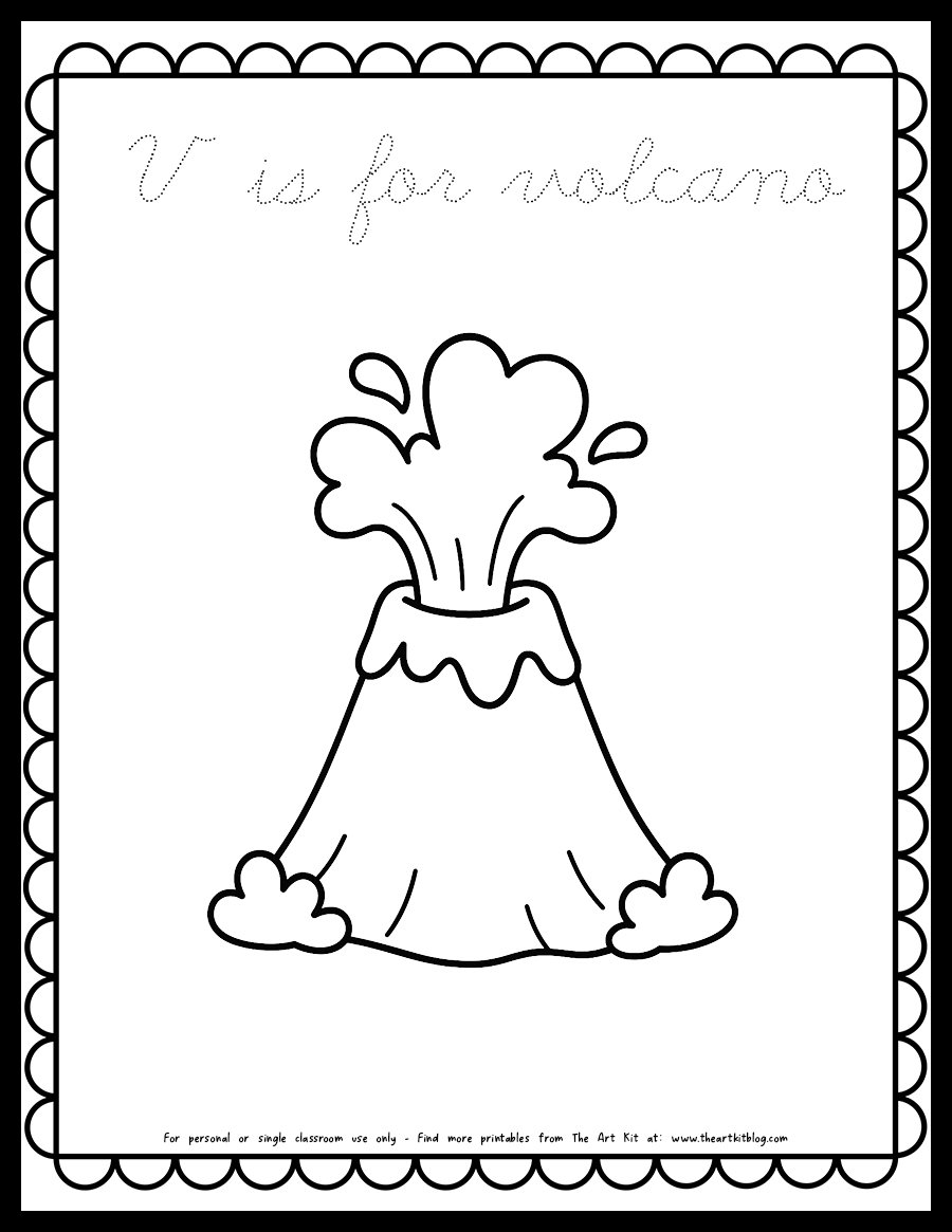 v is for volcano coloring page cursive