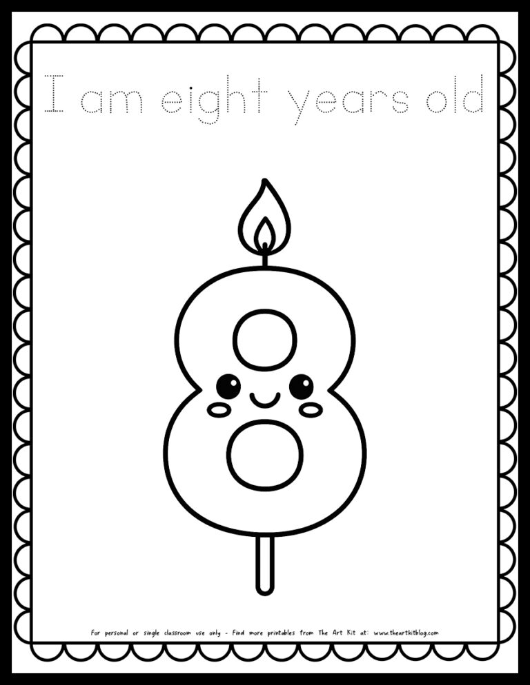 i am 8 years old birthday candle coloring page printable dotted font the art kit