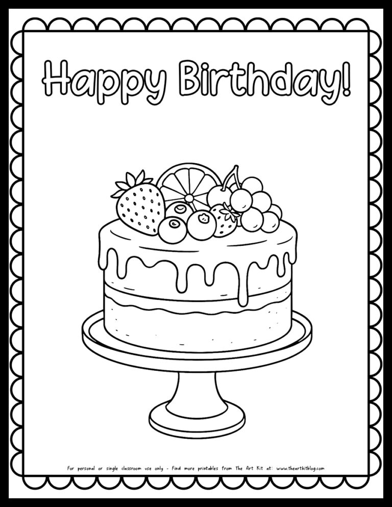 happy birthday cake with fruit coloring page printable bubble font the art kit