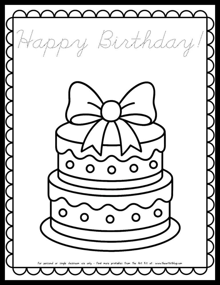 happy birthday cake with bow coloring page printable cursive font the art kit