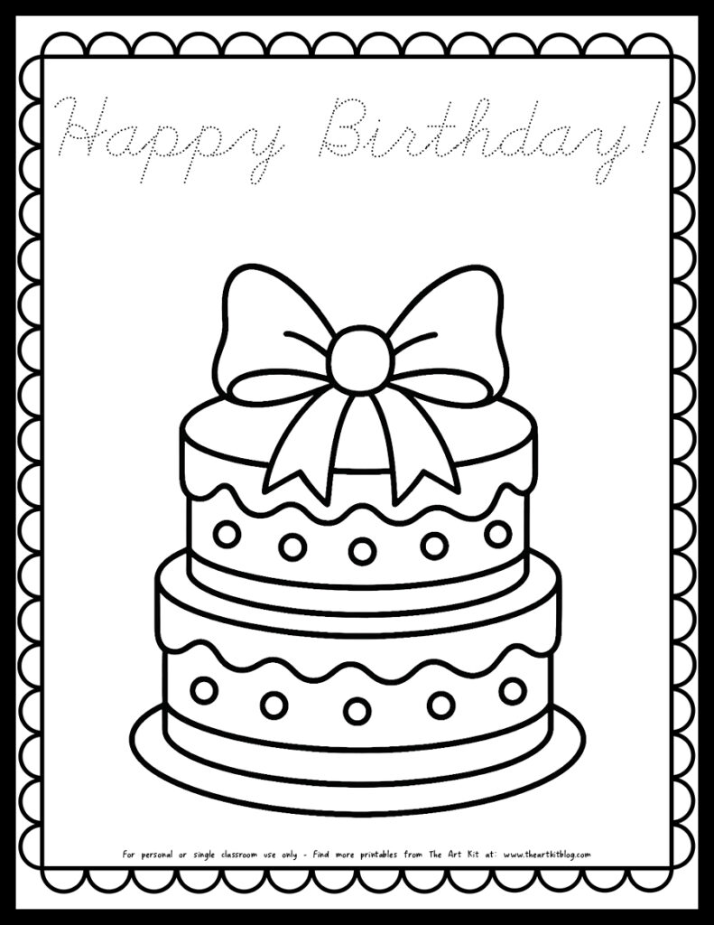 FREE Printable Birthday Cake Coloring Page with Bow, Cursive Font - The ...