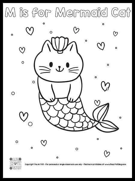m is for mermaid cat coloring page bubble font the art kit