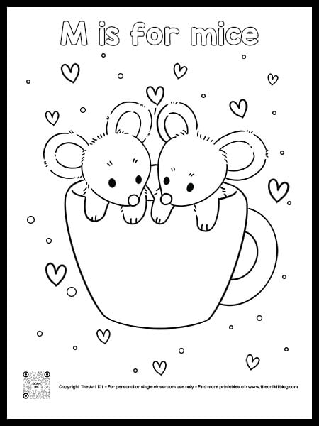 m is for mice coloring page bubble font the art kit