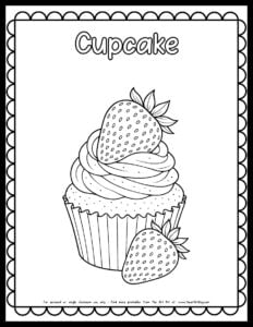 cupcake coloring page with strawberries on top free printable coloring sheet
