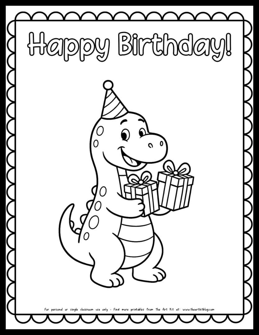 Happy Birthday Dinosaur FREE Printable Coloring Page - The Art Kit