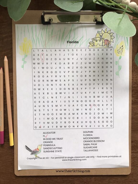 Florida Word Search Coloring Page {FREE Printable Download!} - The Art Kit