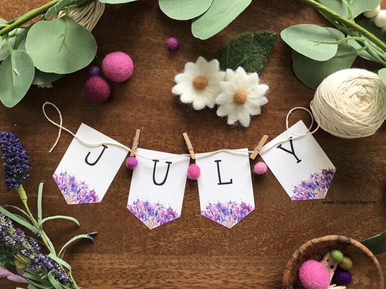 july banner printable purple flowers