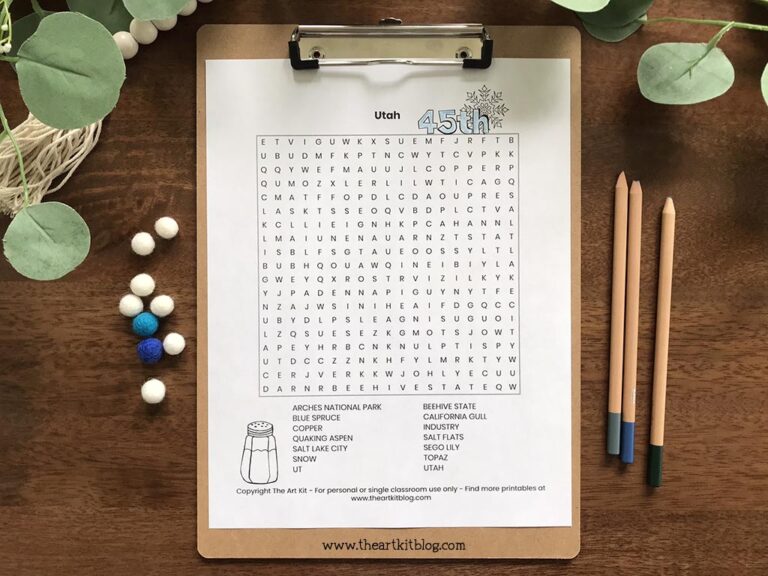 utah state wordsearch coloring page printable digital download homeschool second grade