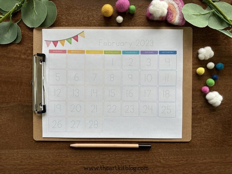 february 2023 calendar tracing printable preschool kindergarten kids the art kit
