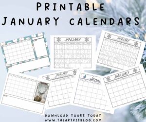 Lots of FREE PRINTABLE January Calendars - The Art Kit