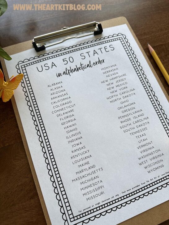 USA 50 States Alphabetical Order FREE Printable - The Art Kit