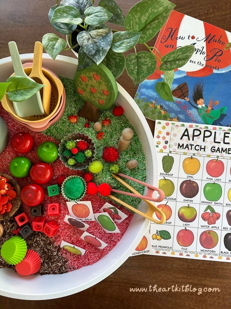 apple rice sensory bin homemade