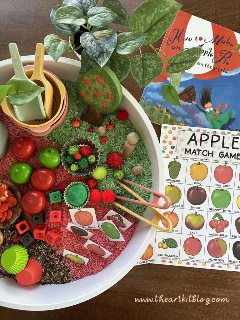 apple rice sensory bin homemade