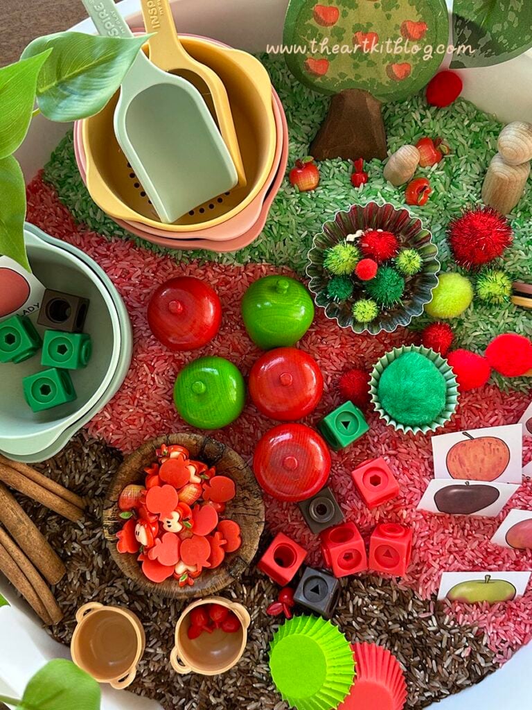 directions rice sensory bin apples