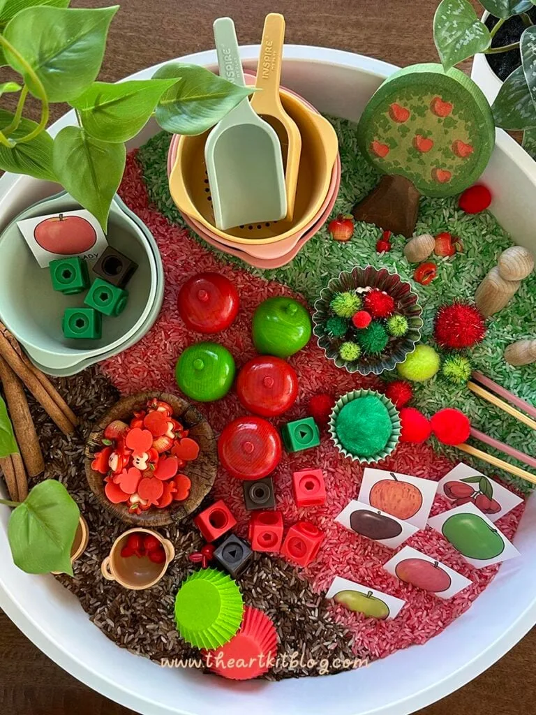 kids sensory bin apple