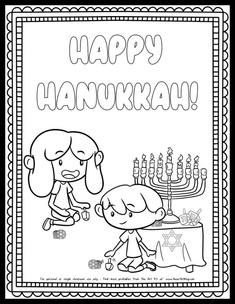 Happy Hanukkah boy and girl spinning dreidels Hanukkah coloring page