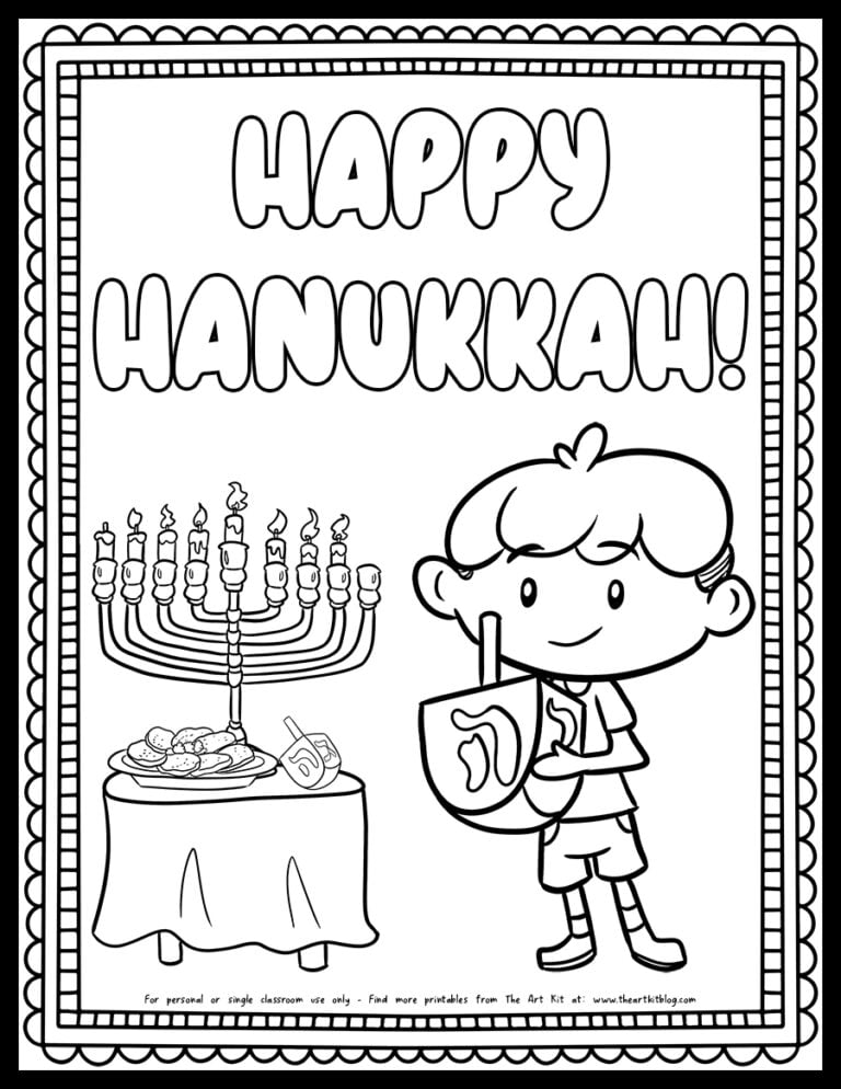 Happy Hanukkah boy holding dreidel and a menorah on a table Hanukkah coloring page