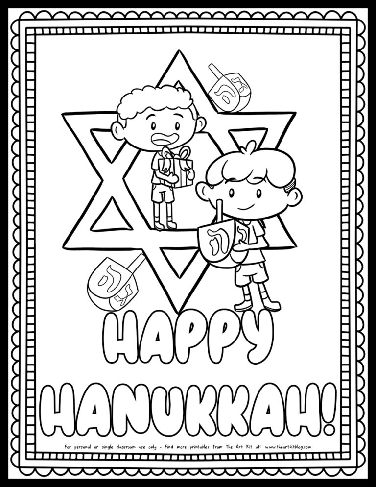 Happy Hanukkah boy holding present and dreidels on the star of David Hanukkah coloring page_the art kit