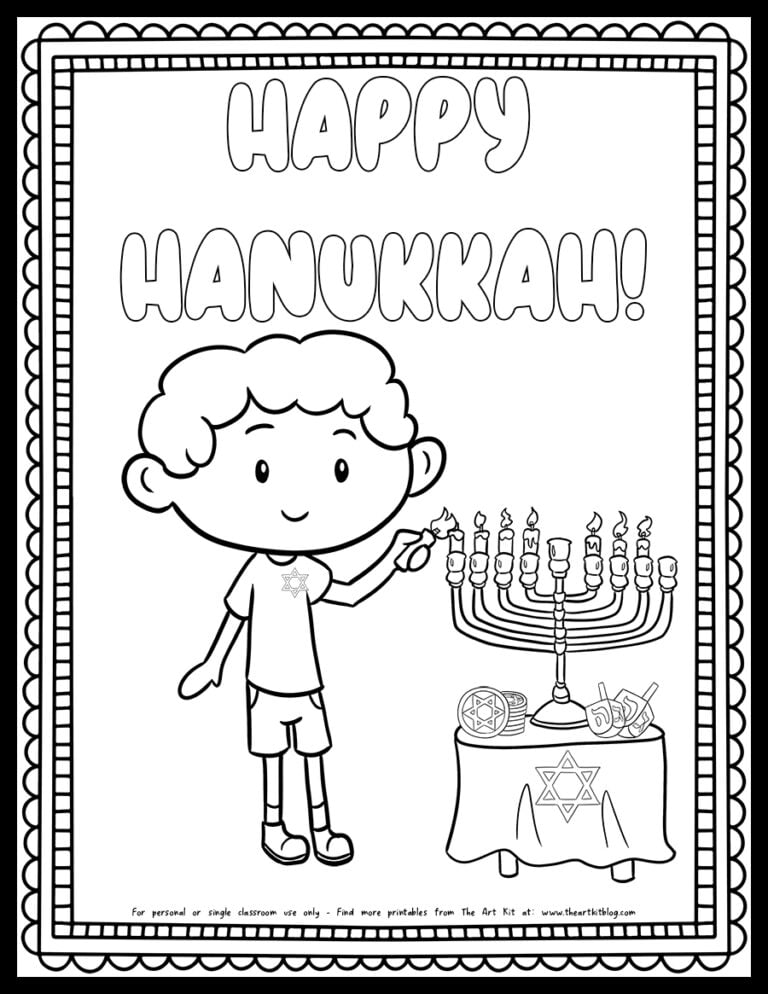 Happy Hanukkah boy lighting the candle Hanukkah coloring page