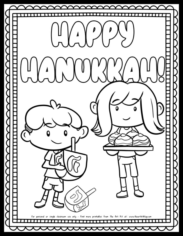 Happy Hanukkah girl holding plate of donuts and boy holding big dreidel Hanukkah coloring page_the art kit
