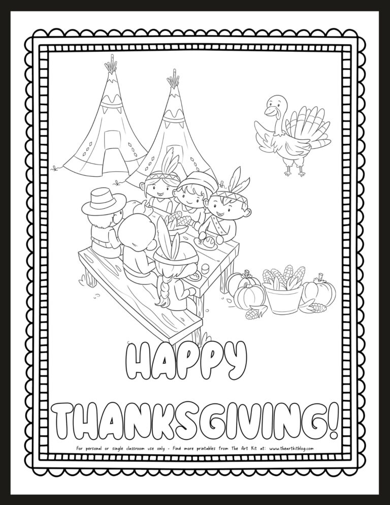 Happy Thanksgiving Tee pees pilgims and Native Americans eating Thanksgiving coloring page_the art kit.jpg