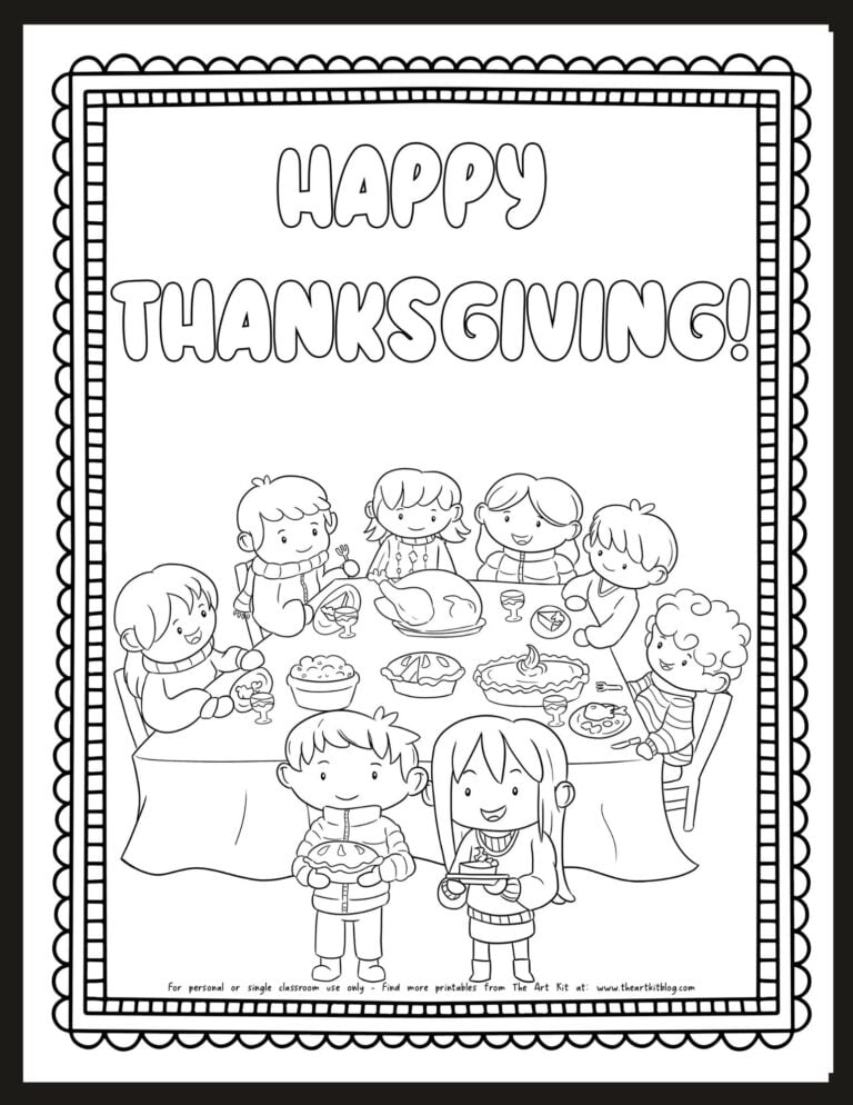 Happy Thanksgiving family at the table eating Thanksgiving coloring page_the art kit.jpg
