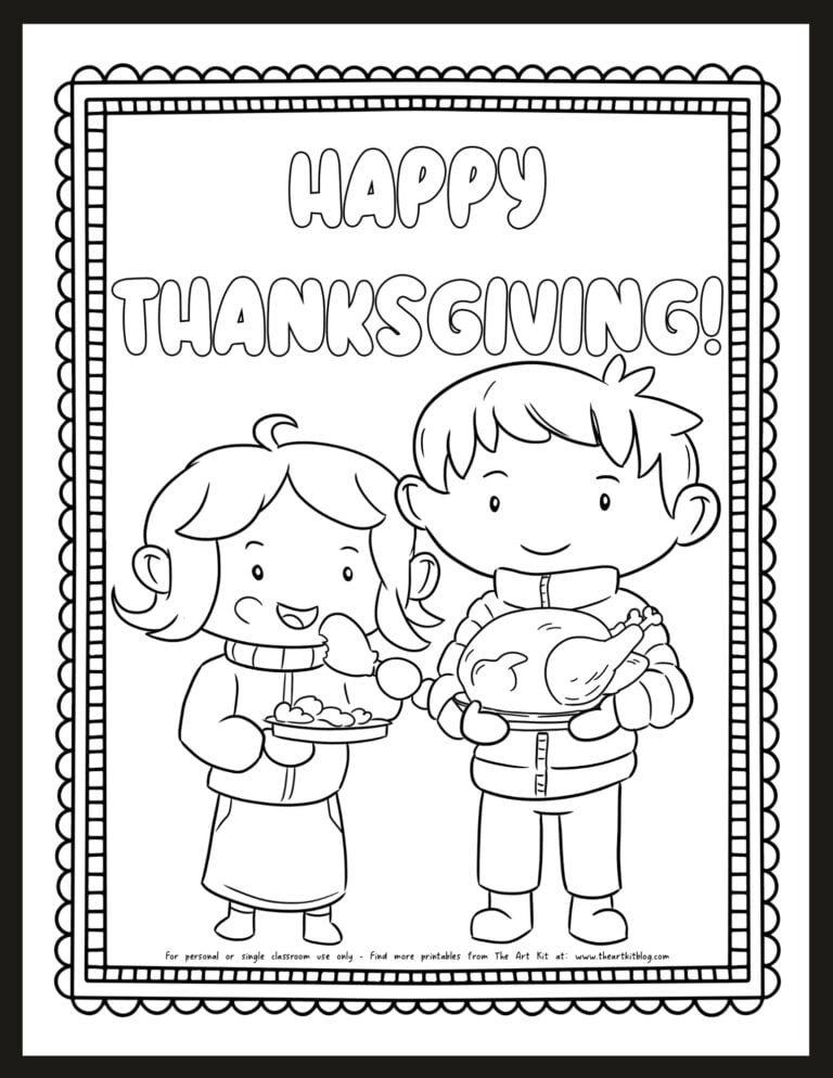 Happy Thanksgiving girl eating and boy holding turkey Thanksgiving coloring page_the art kit.jpg