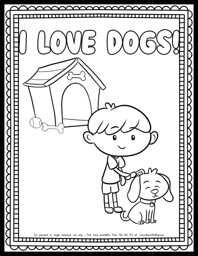 I love dogs boy brushing dog on stool coloring page_the art kit copy