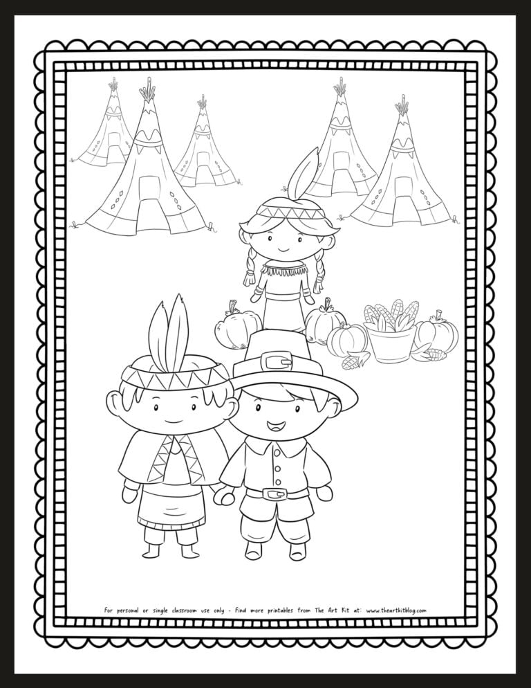 Teepees kids walking and food Thanksgiving coloring page