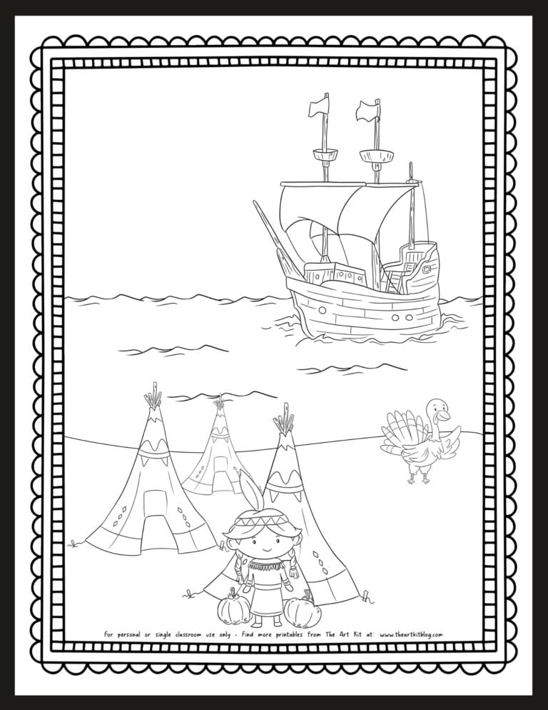 The Mayflower and an Indian camp Thanksgiving coloring page