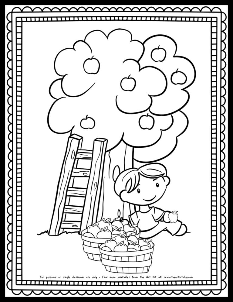 boy eating apples under tree coloring page_the art kit copy
