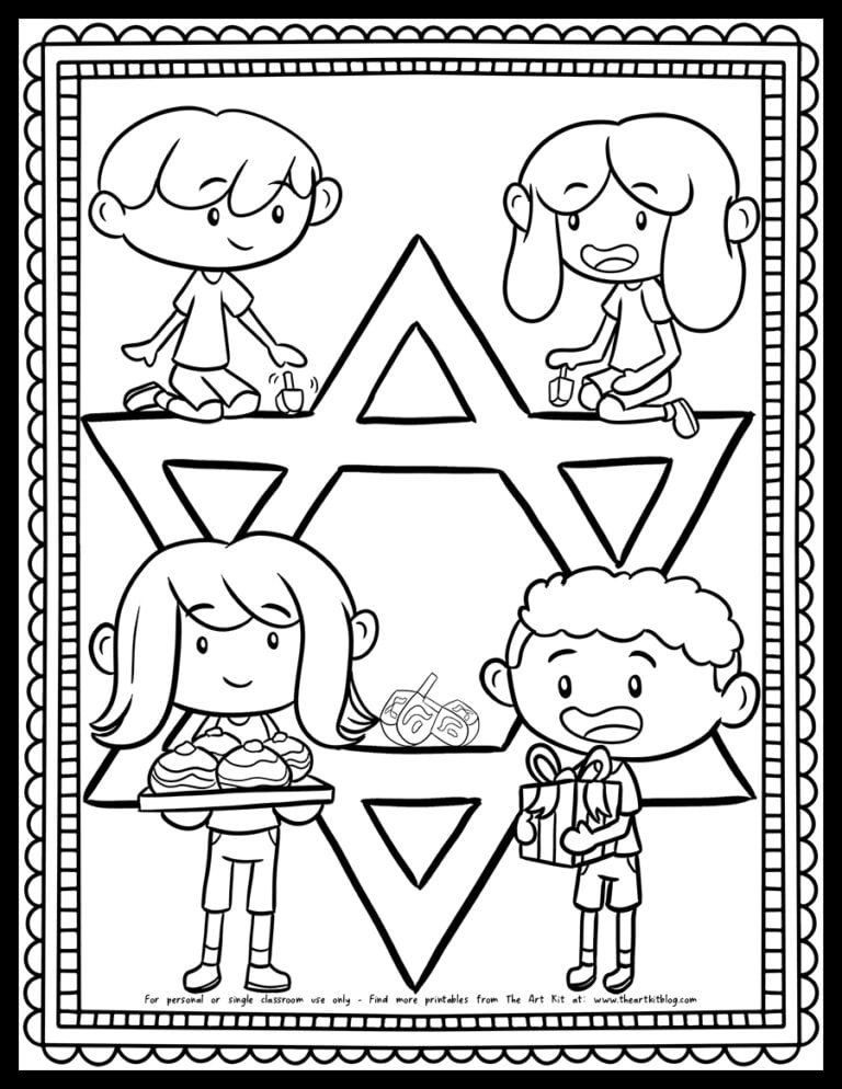 kids on big star of David spinning dreidels girl holding donuts and boy holding present coloring page_the art kit copy