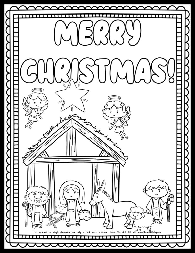 Merry Christmas the shepherd and his sheep coming to Jesus in the stable Christmas coloring page_the art kit copy