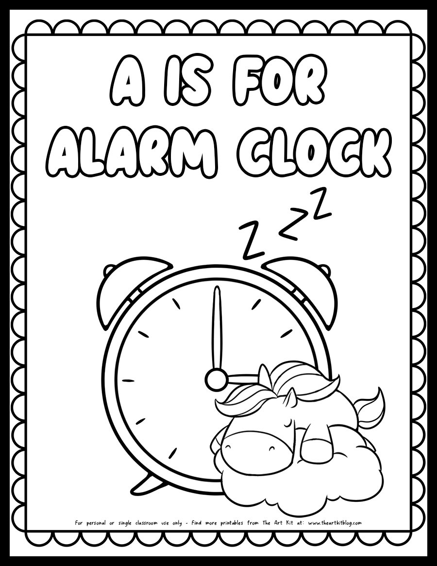 a-for-alarm-clock-unicorn-coloring-page free printable