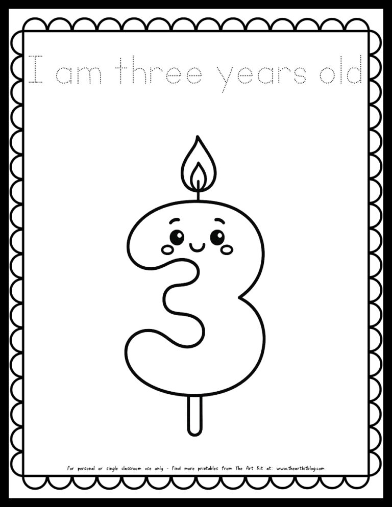 i am 3 years old birthday candle coloring page printable dotted font the art kit