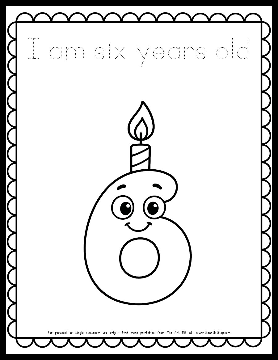 i am 6 years old birthday candle coloring page printable dotted font the art kit