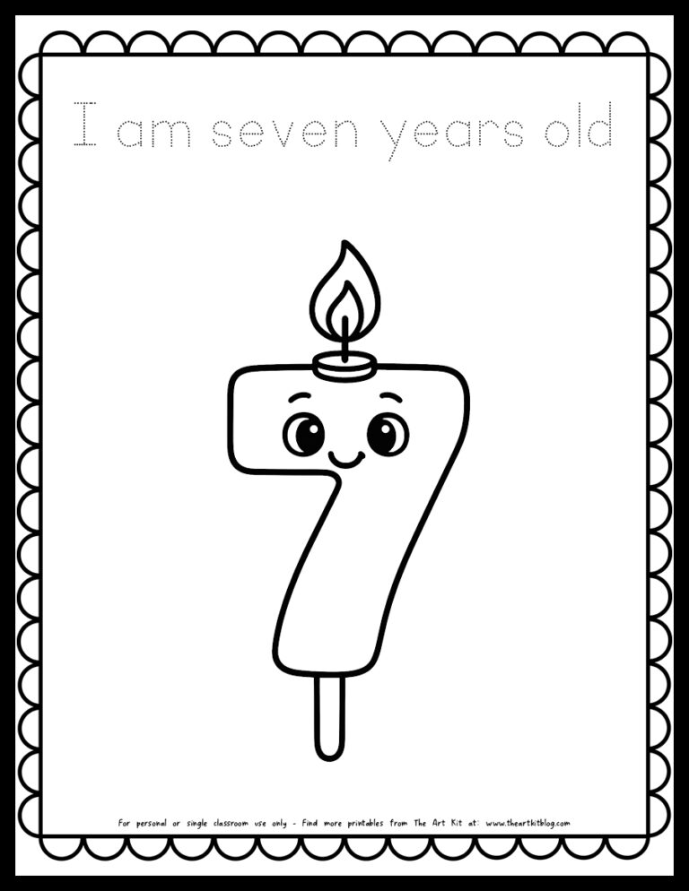 i am 7 years old birthday candle coloring page printable dotted font the art kit