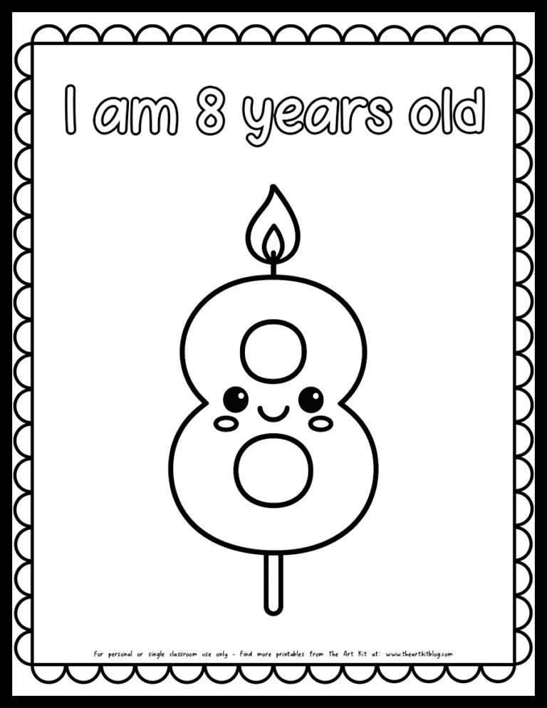 i am 8 years old birthday candle coloring page printable bubble font the art kit