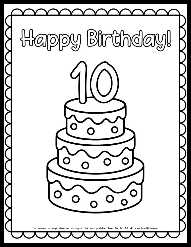 happy 10th birthday cake coloring page free printable preview